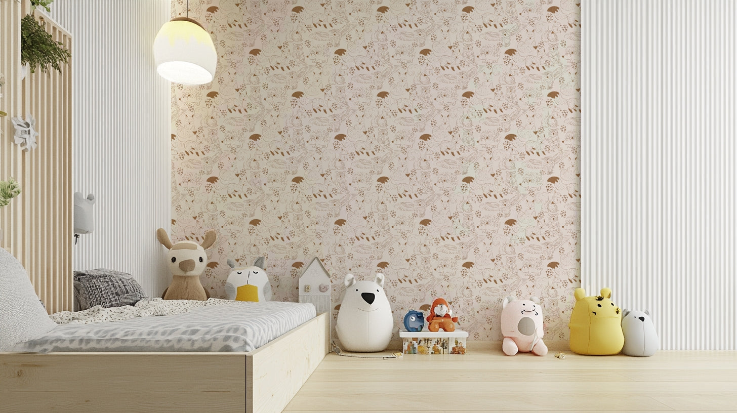 Forest creatures wallpaper with soft brown hues

