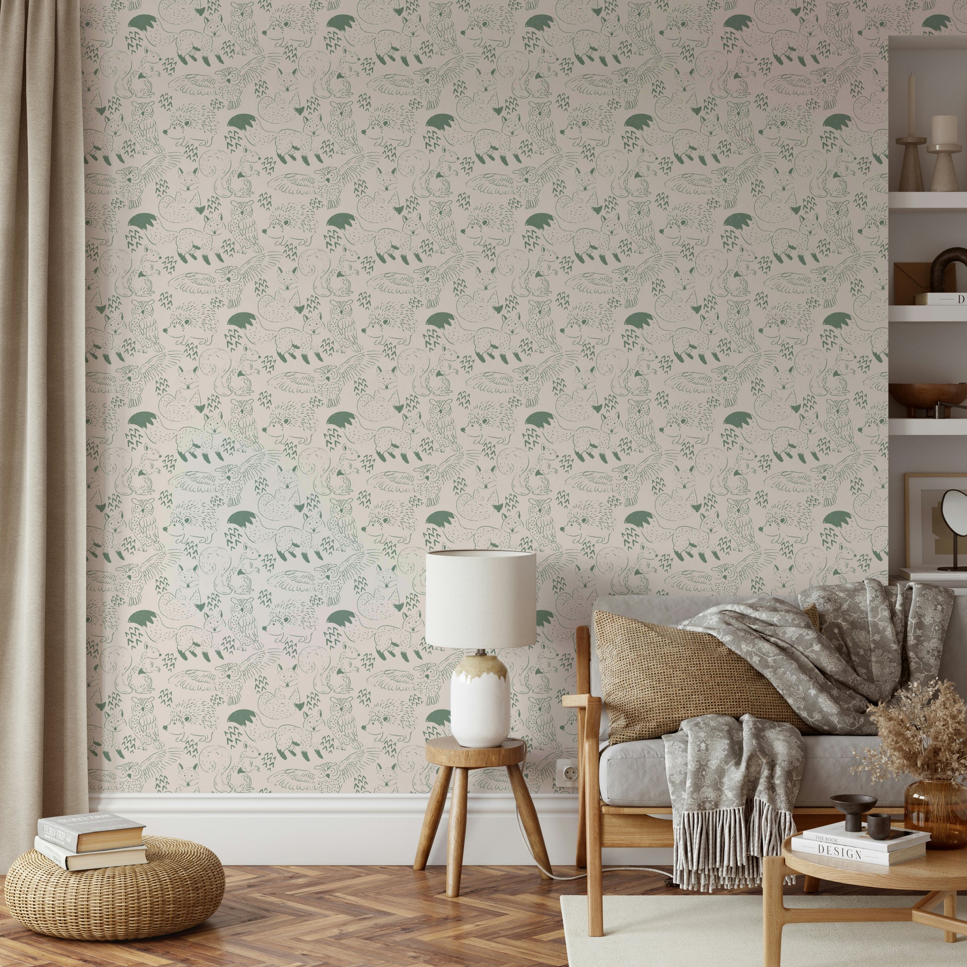 Subtle green wallpaper featuring woodland creatures

