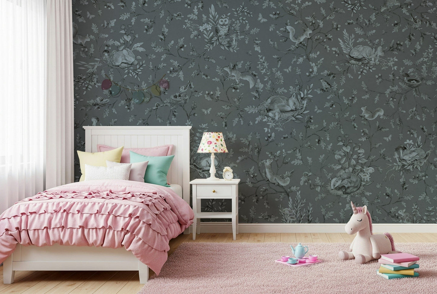 Soft, misty forest scene in the Woodland Slumber Wall Mural evoking rest and relaxation.