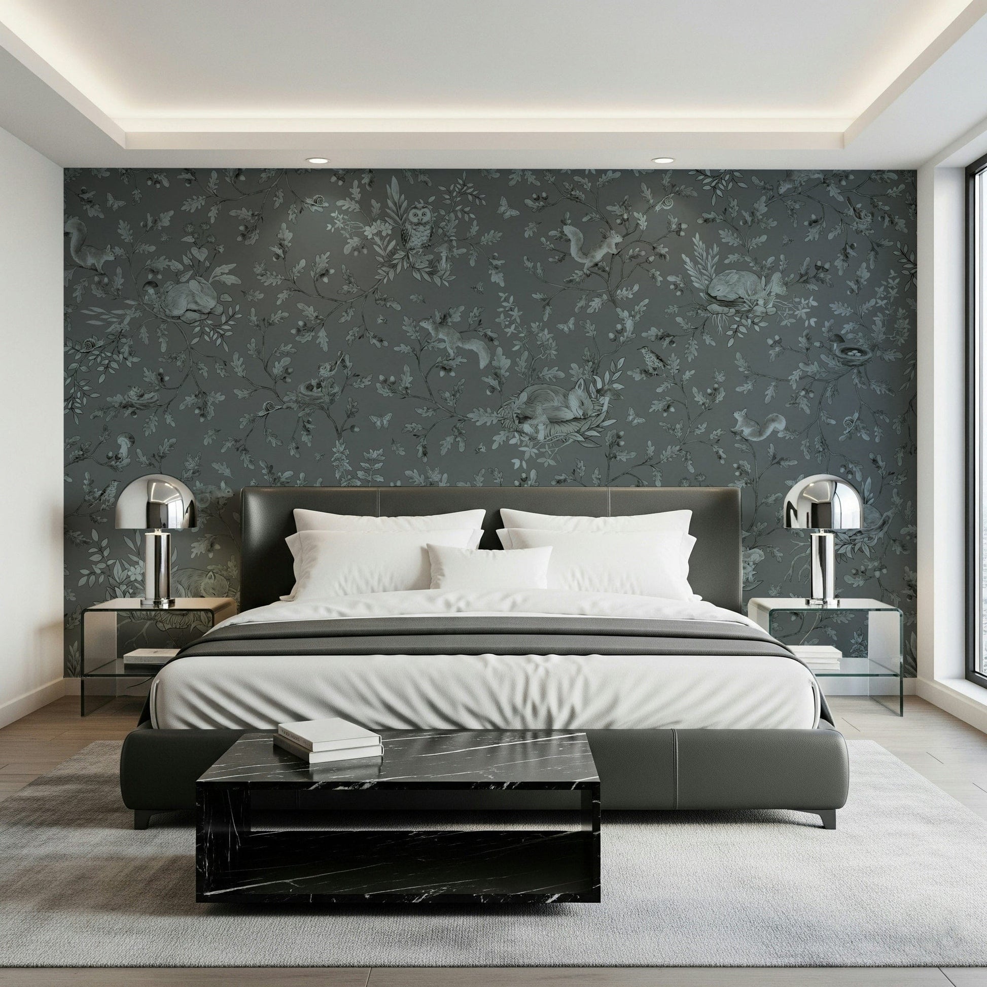 Dreamy woodland mural capturing tranquil trees and gentle light for a peaceful space.