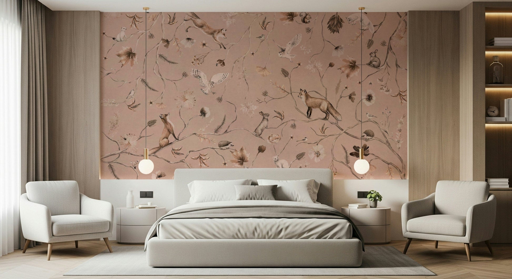 Woodland-themed mural with subtle lighting and serene natural textures