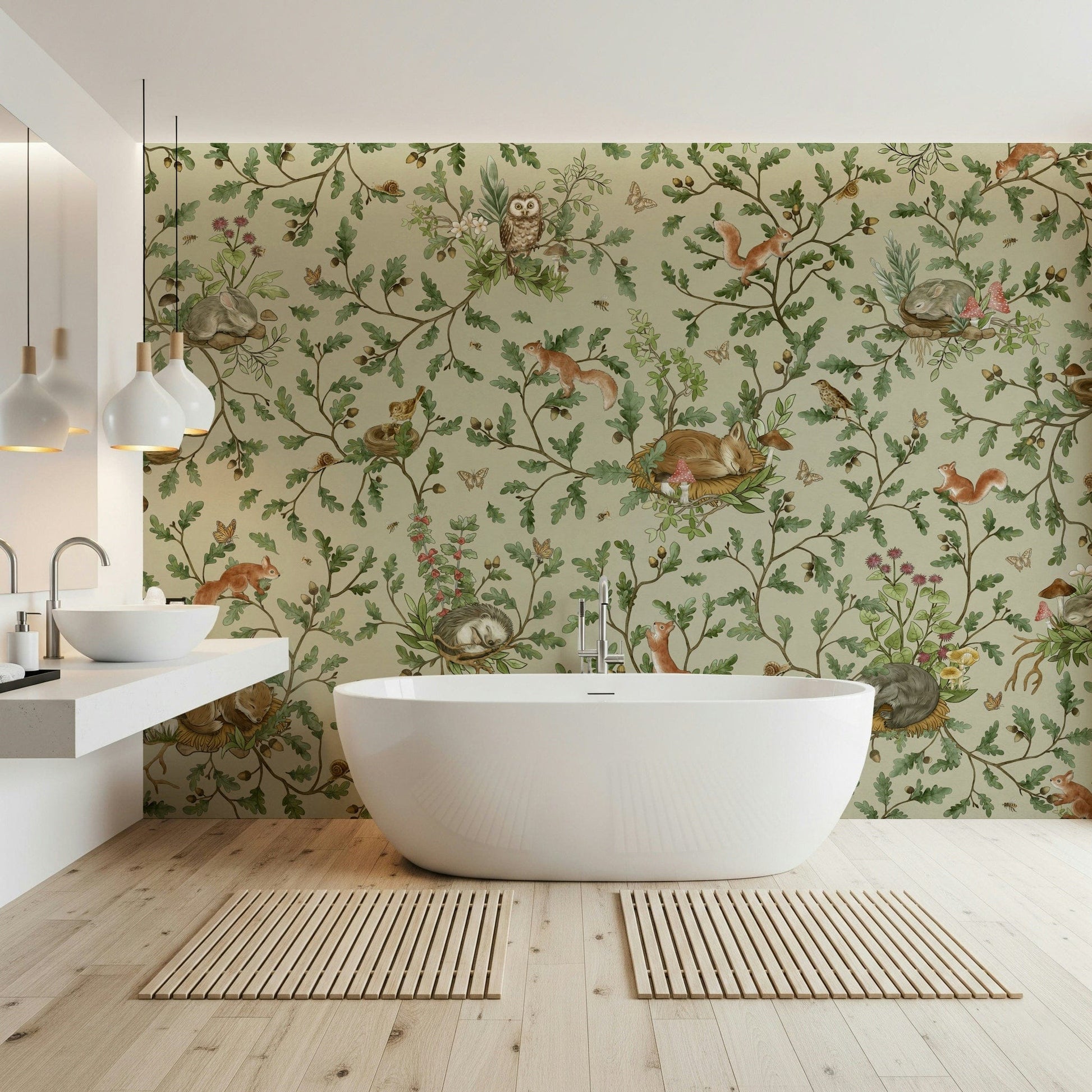 Woodland Naptime Tales Wall Mural depicting a serene woodland with soothing natural hues.