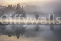 Picturesque Dawn Reflection, harmonious scene, whispering mist, wallpaper for walls.