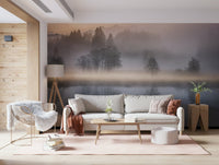 Hushed forest wall covering, soft light, calm reservoir, nature photography art.