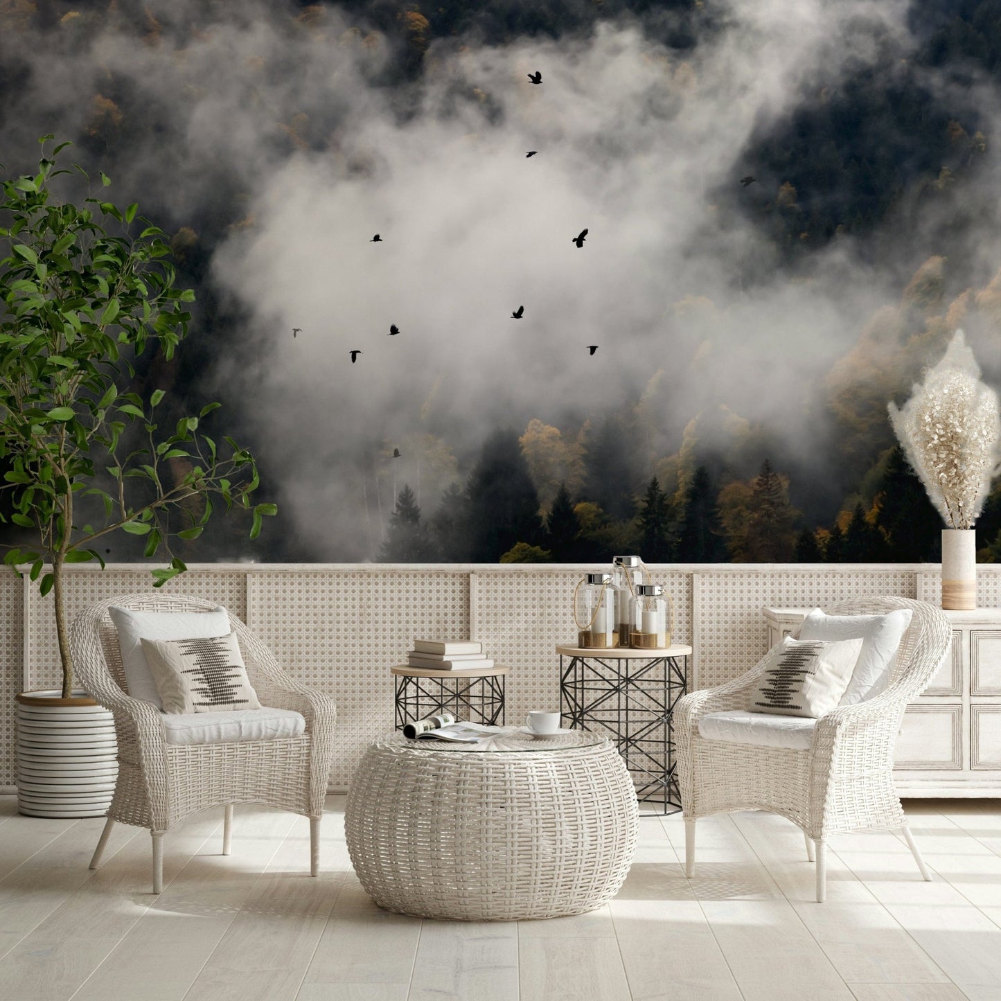 Woodland Flock in Fog wallpaper, dark forest, mystical birds flying.