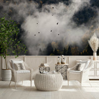 Woodland Flock in Fog wallpaper, dark forest, mystical birds flying.