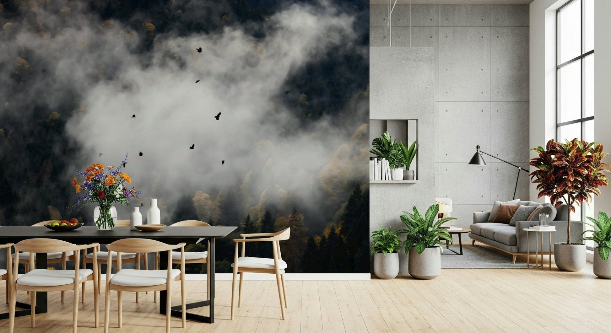 Woodland Flock in Fog wall decor, misty landscape, avian flight, autumn hues.