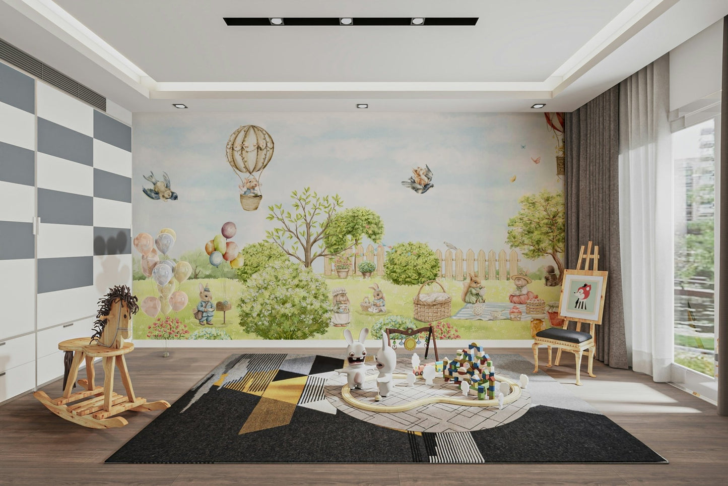 Design featuring whimsical foxes, squirrels, and owls.

