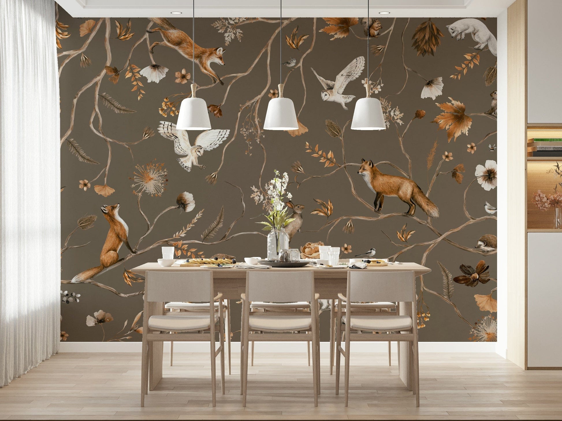 Detailed wall mural depicting forest animals enjoying a peaceful forest scene