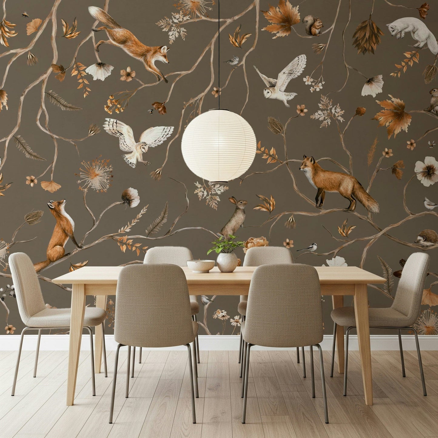 Forest wall art with playful wildlife in a serene natural environment