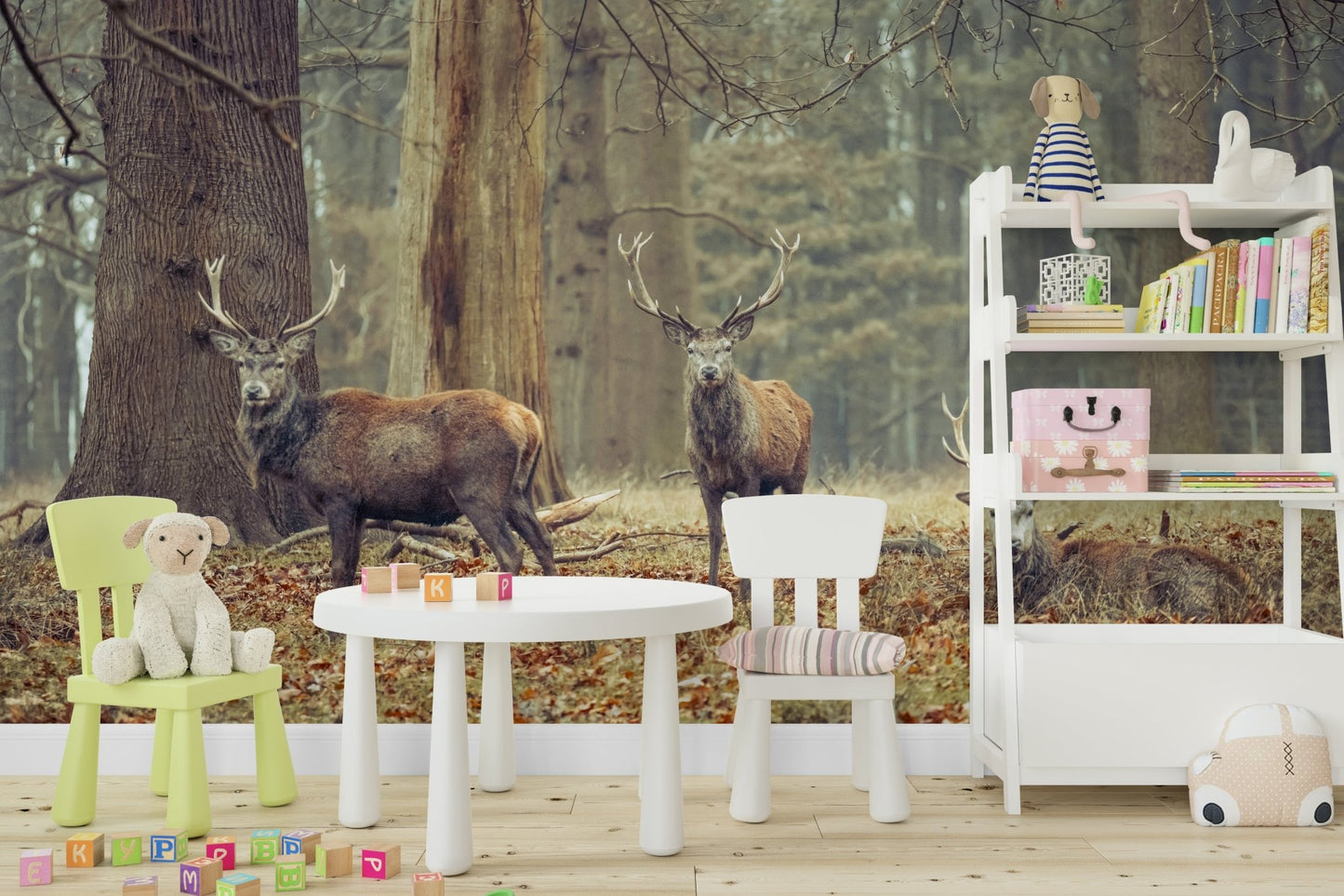 a painting of three deer in a forest

