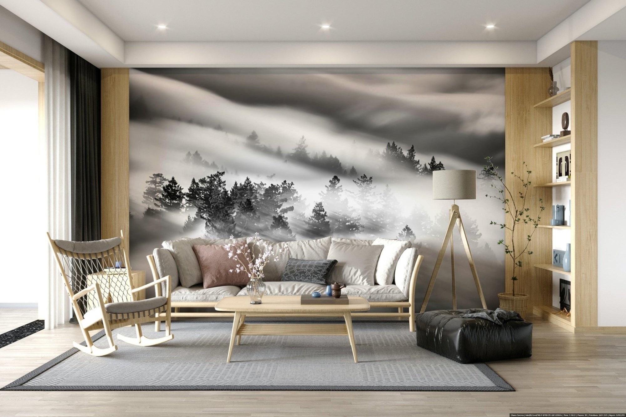 Streaked monochrome fog of Woodland Mist Velocity wallpaper surface.