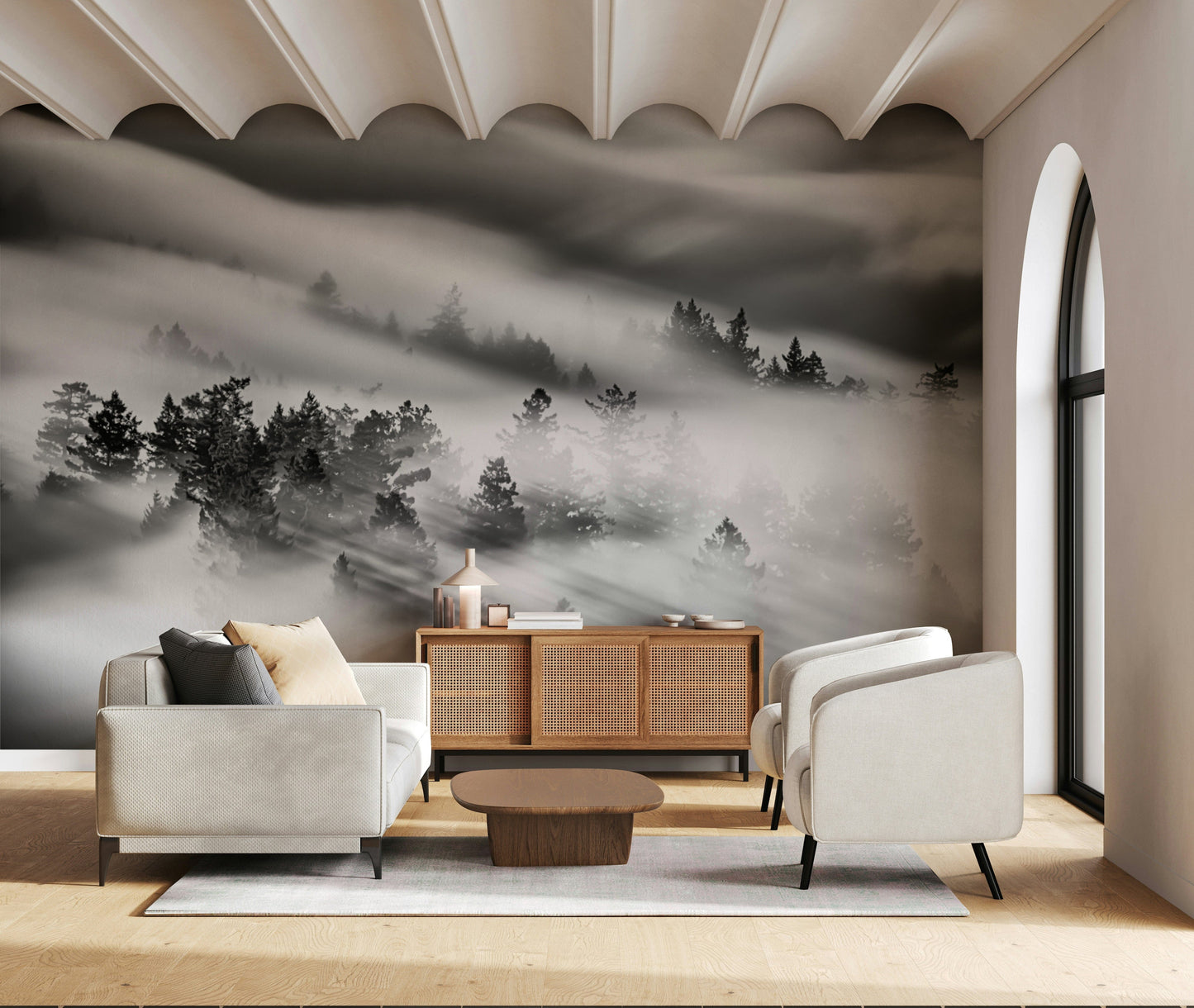 Monochromatic wall mural Woodland Mist Velocity texture.