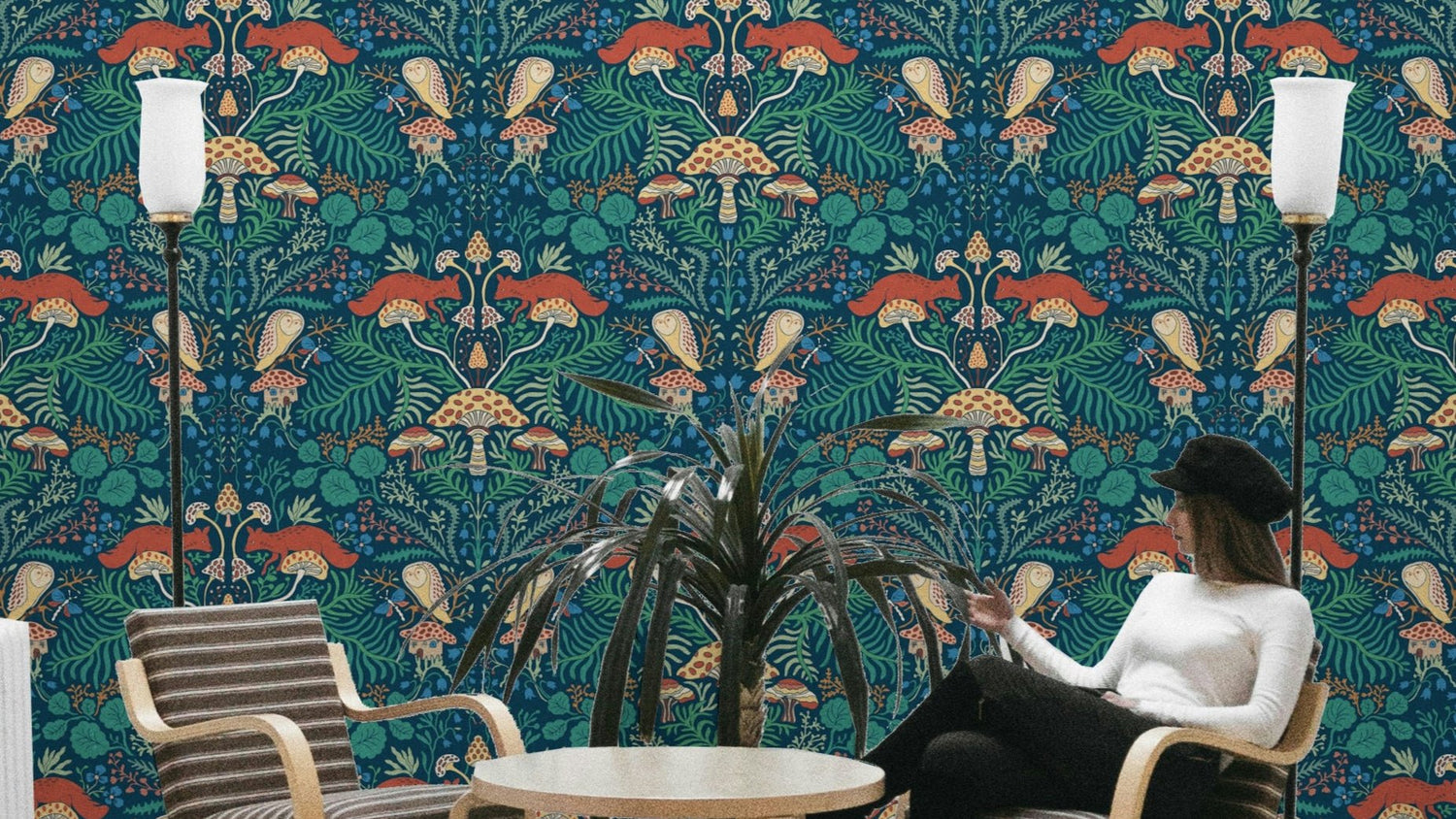 A whimsical forest-themed wallpaper pattern.
