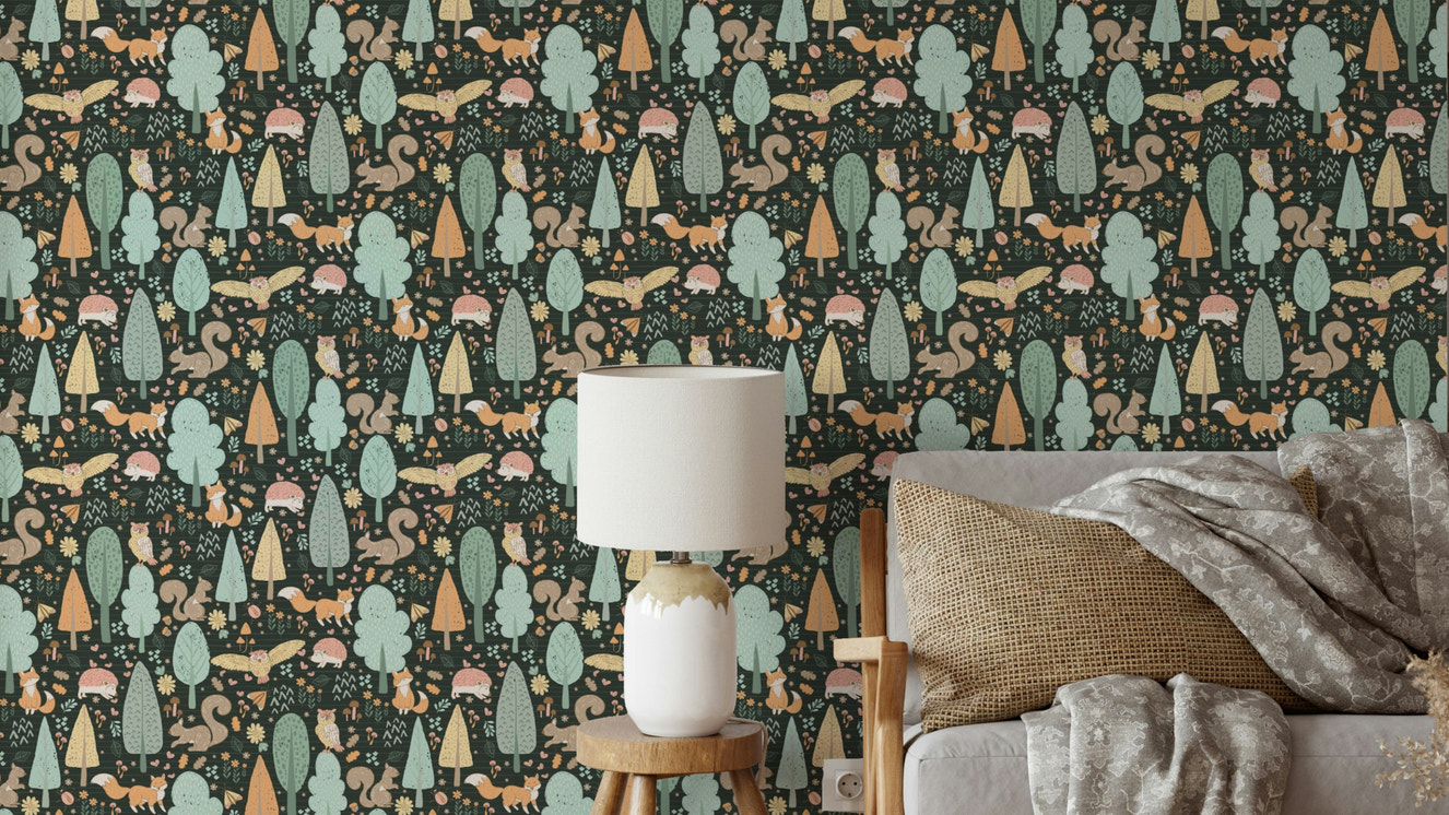 Woodland nursery wallpaper with forest animals

