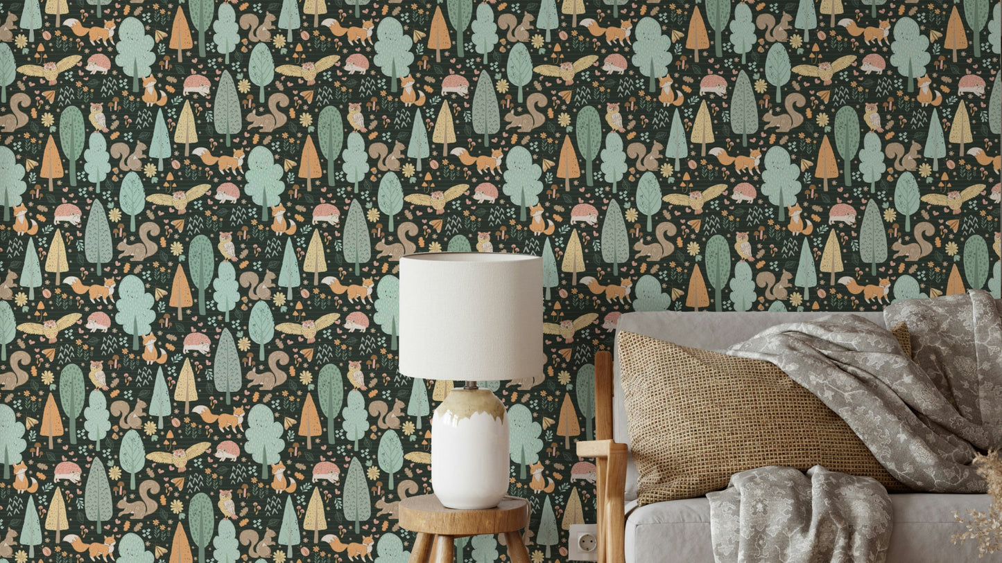 Woodland nursery wallpaper with forest animals

