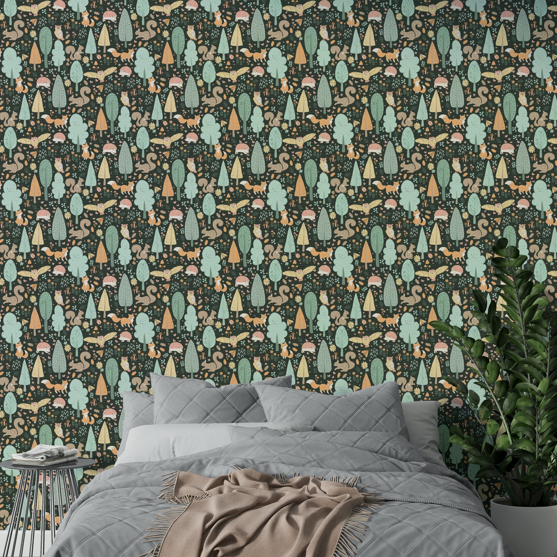Dark green wallpaper with playful nursery design

