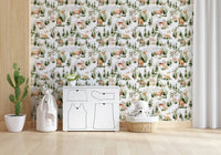 Grizzly bear fox deer Watercolor Woodland Nursery Pattern peel and stick wallpaper.