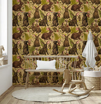 Forest Creatures and Flora Wallpaper – Delightful mural showcasing rabbits surrounded by woodland foliage and blooms.