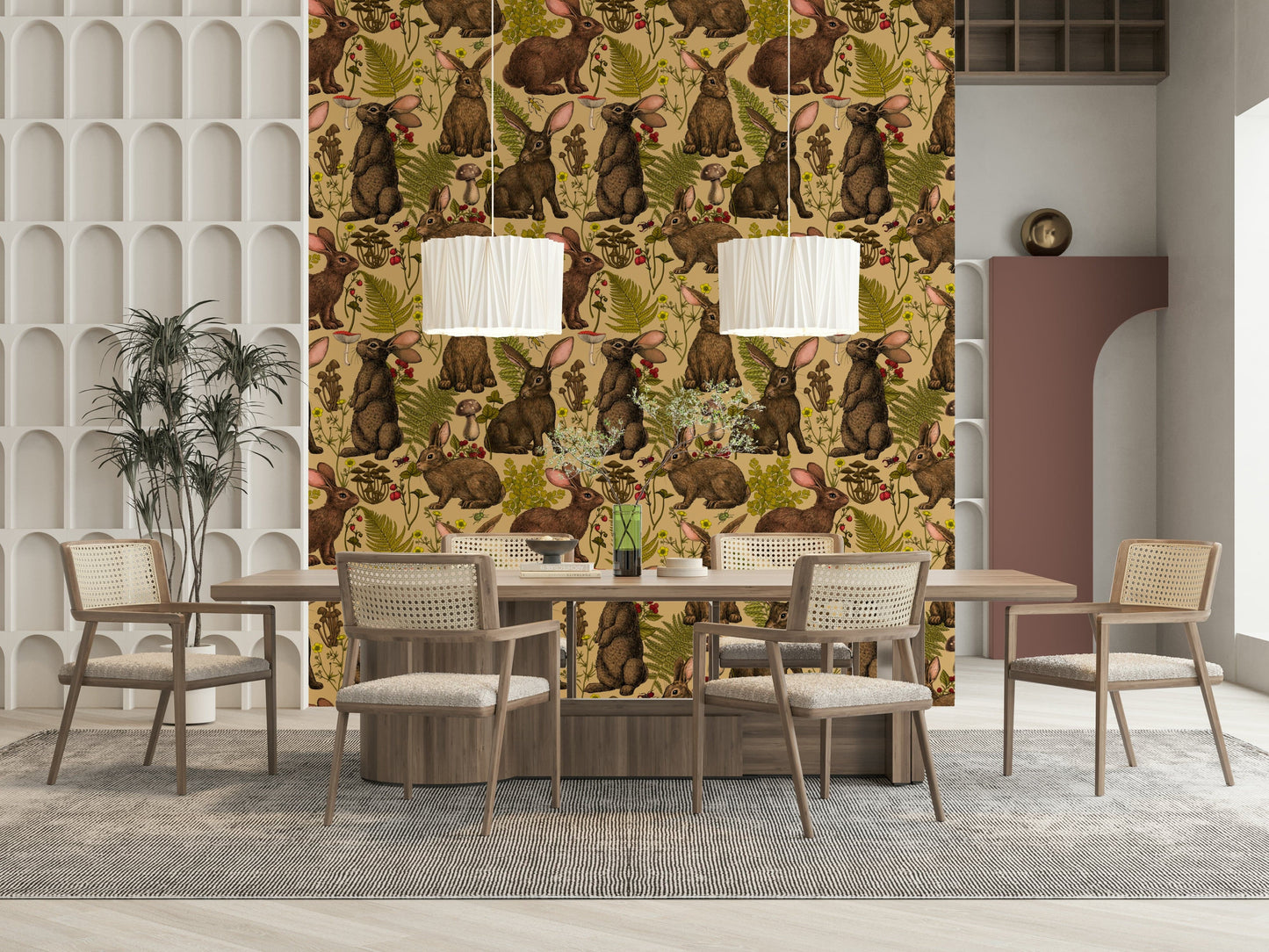 Woodland Rabbit Wall Mural – Charming design with playful rabbits nestled in greenery and wildflowers.