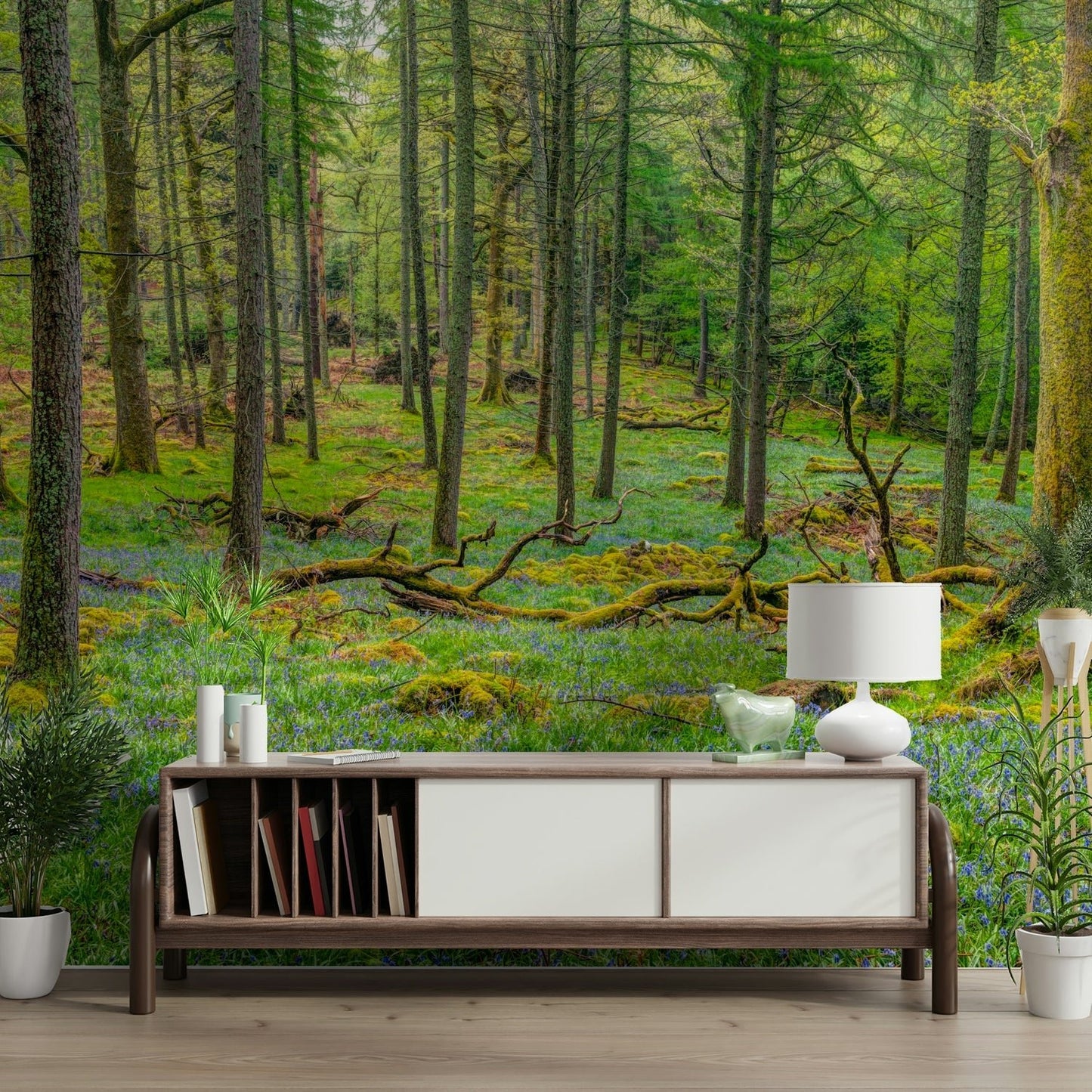 Lush green foliage and tall trees.

