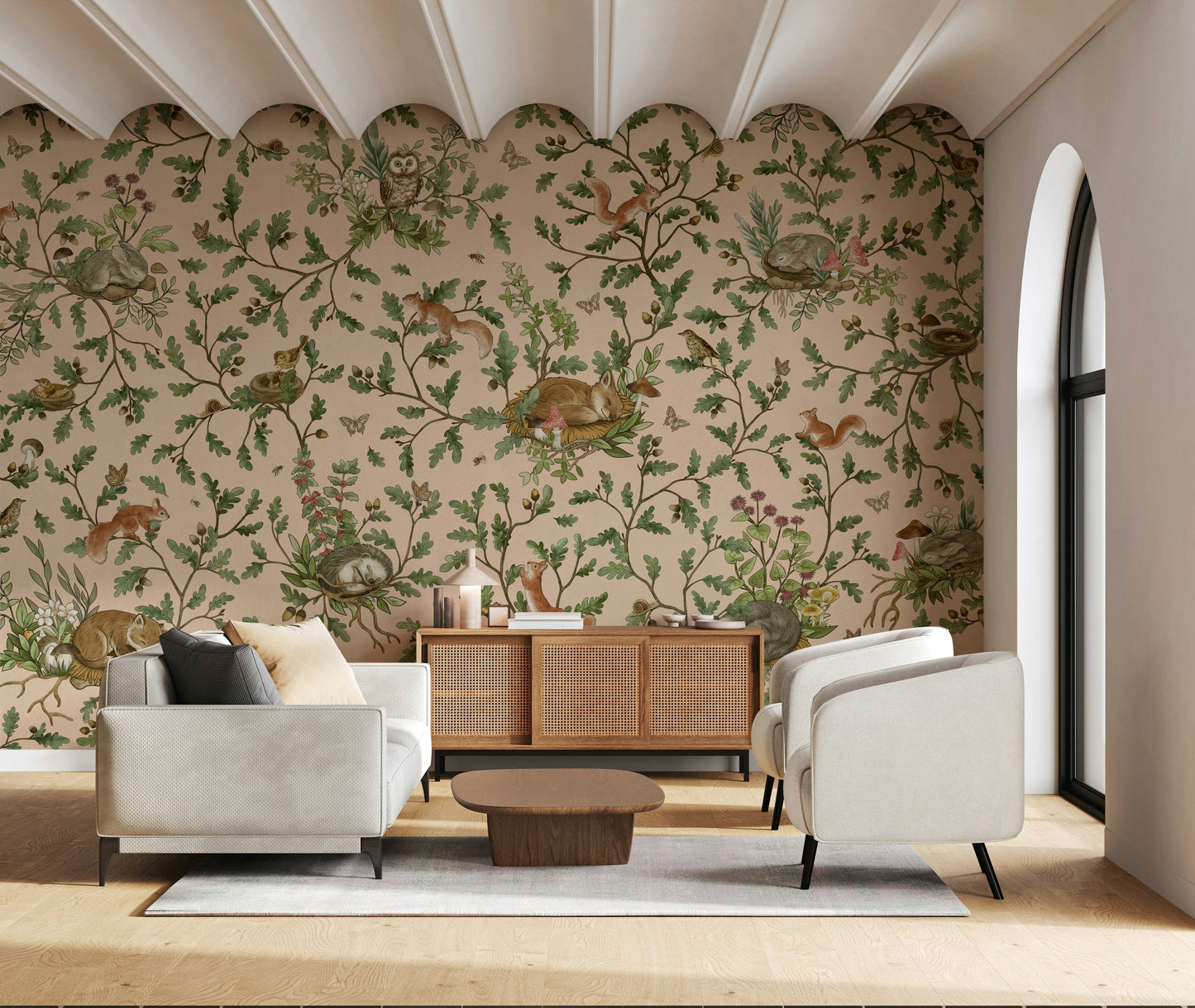 Serene forest scene in the Oak Haven Wall Mural with sun-dappled leaves.