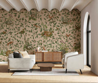 Serene forest scene in the Oak Haven Wall Mural with sun-dappled leaves.