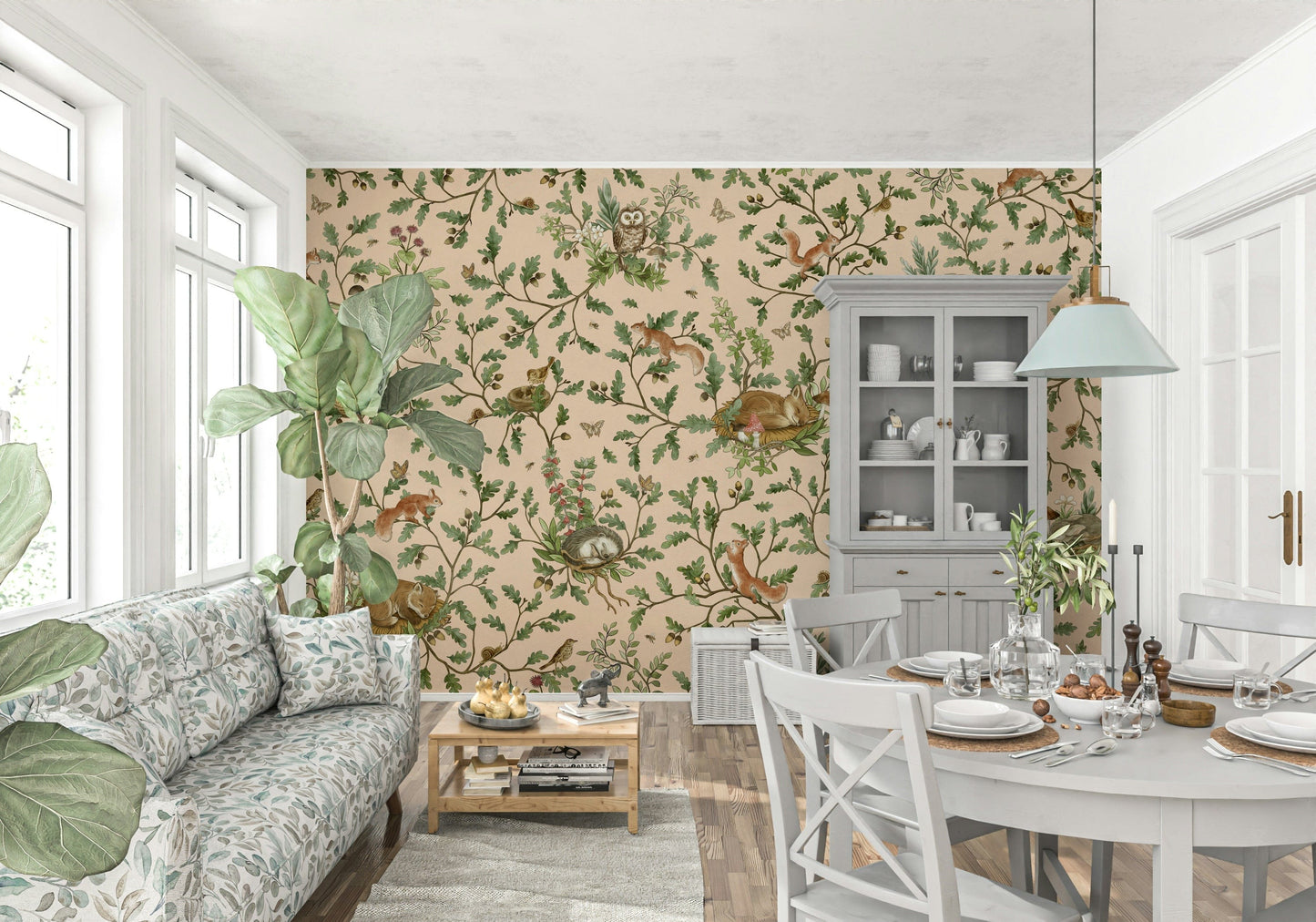 Oak Haven Wall Mural featuring majestic oak trees with warm, natural tones.