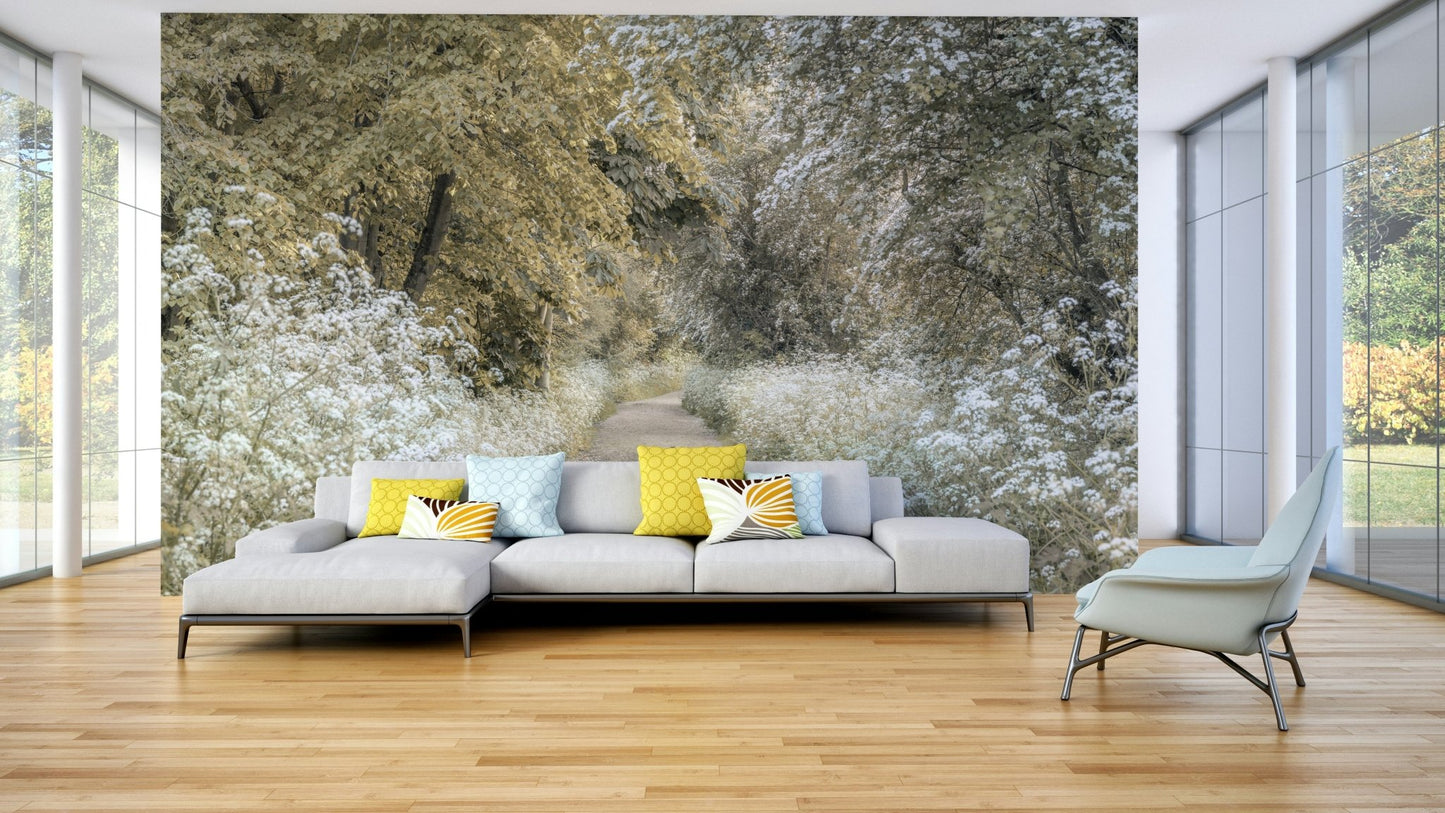 Wallpaper showing golden spring leaves and blooms

