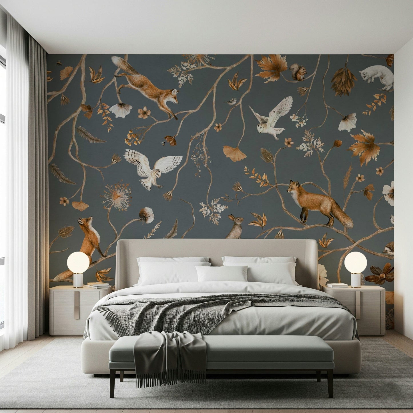 Lush forest wall art with whimsical animals in a magical woodland setting