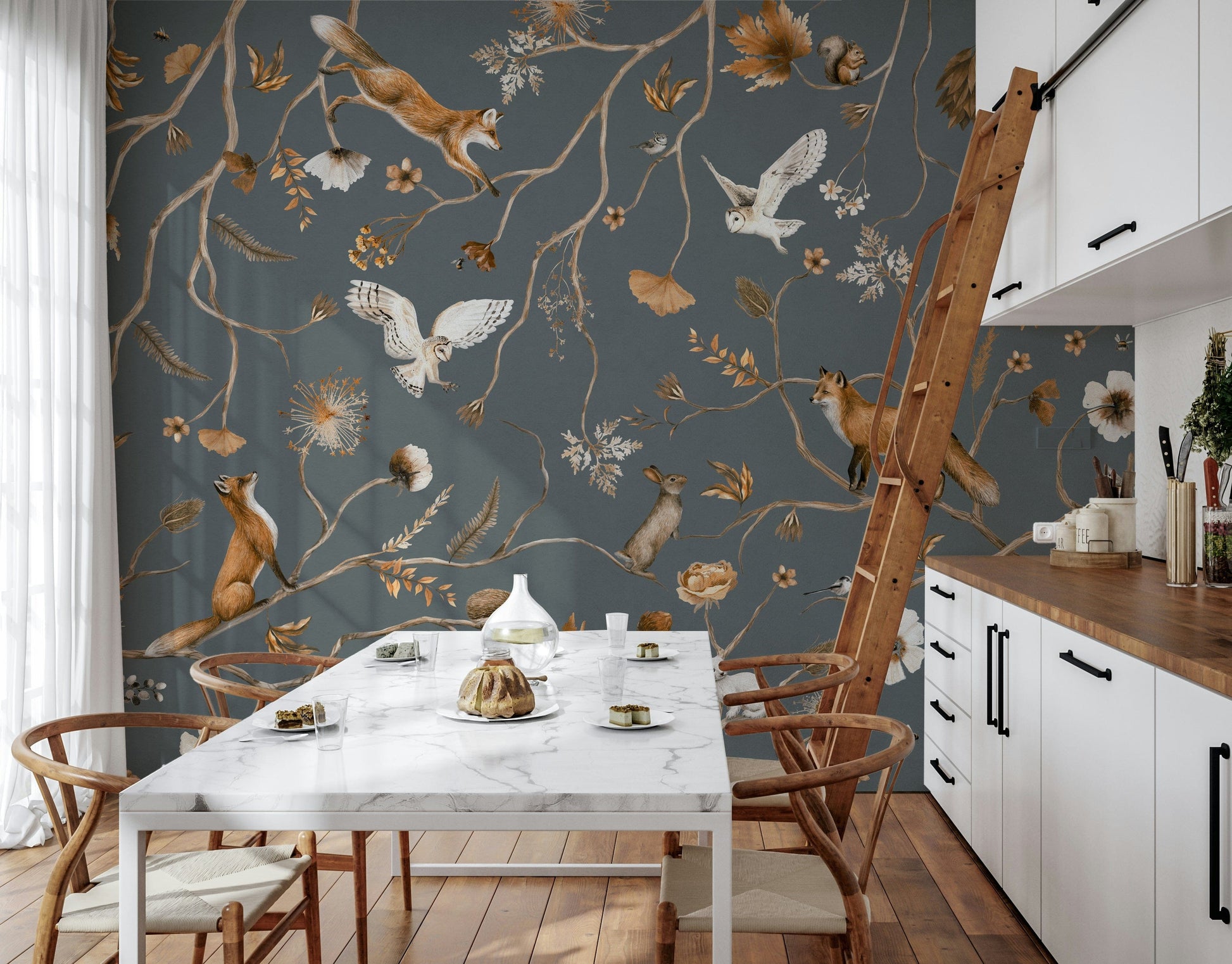 Enchanted forest wall art with foxes, owls, and deer among trees