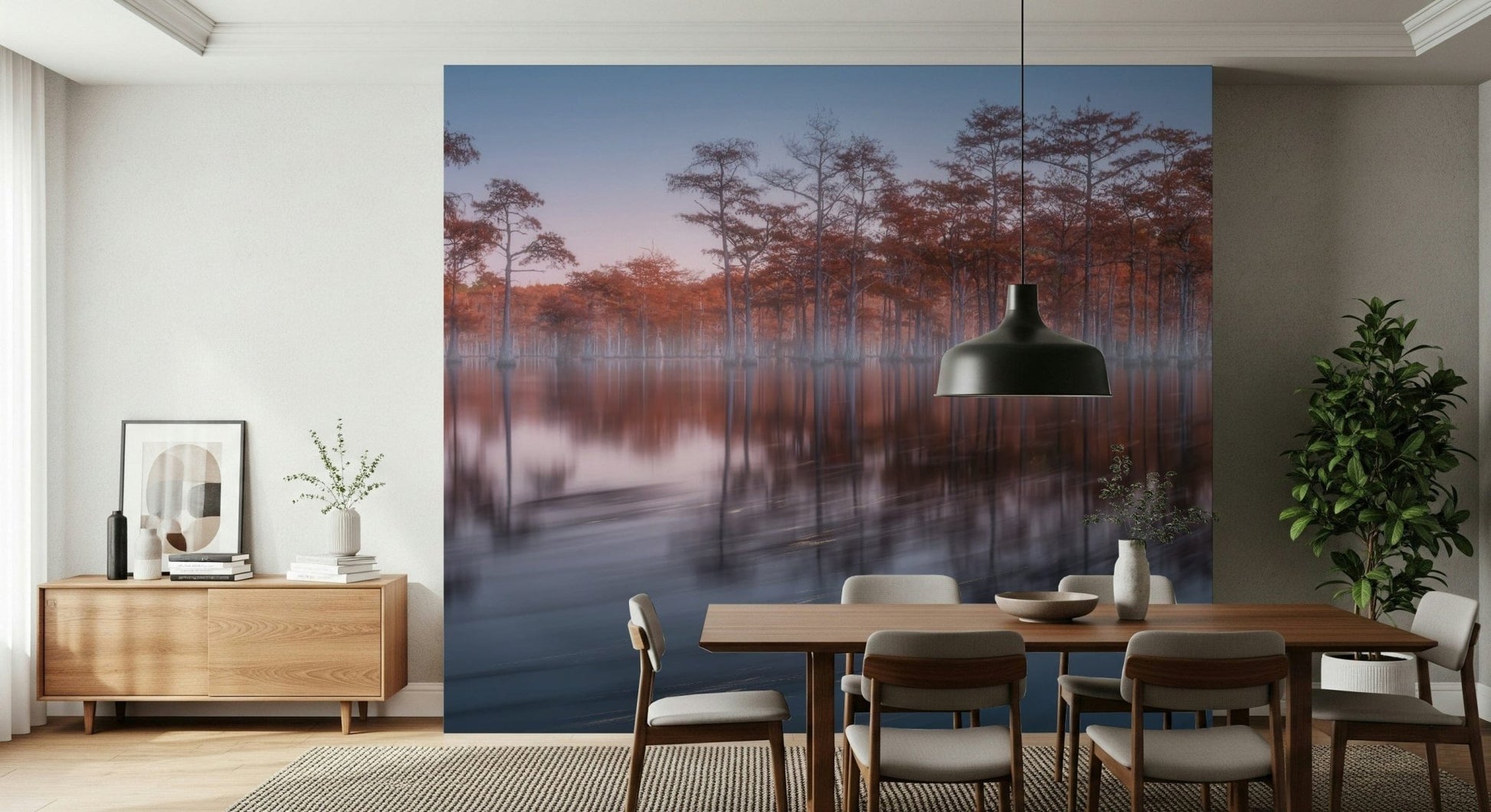 Woodland Scenic panoramic swamp view wallpaper with pastel blue and pink sky gradients.