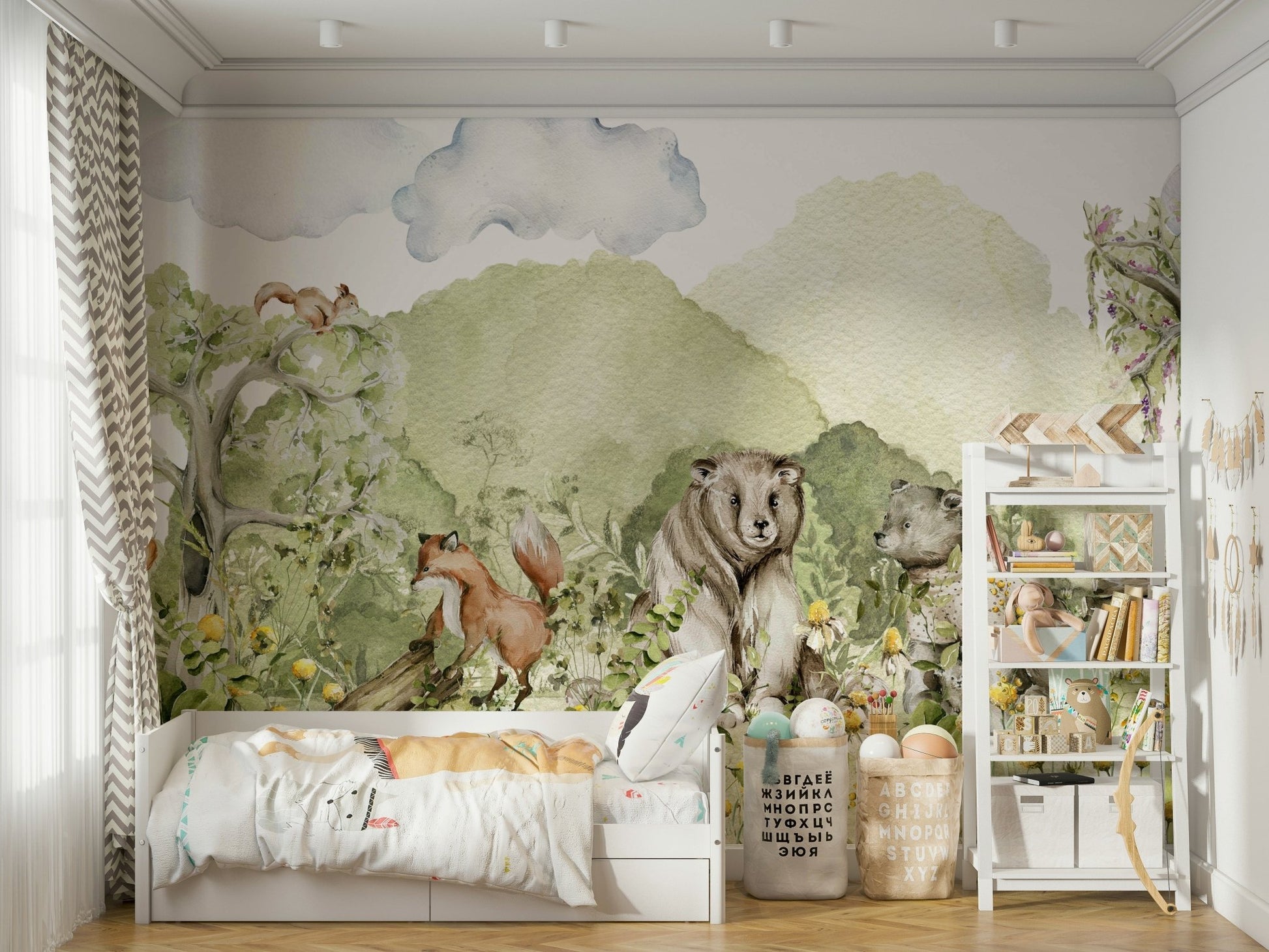 Woodland Whimsical Friends wallpaper for a nursery.

