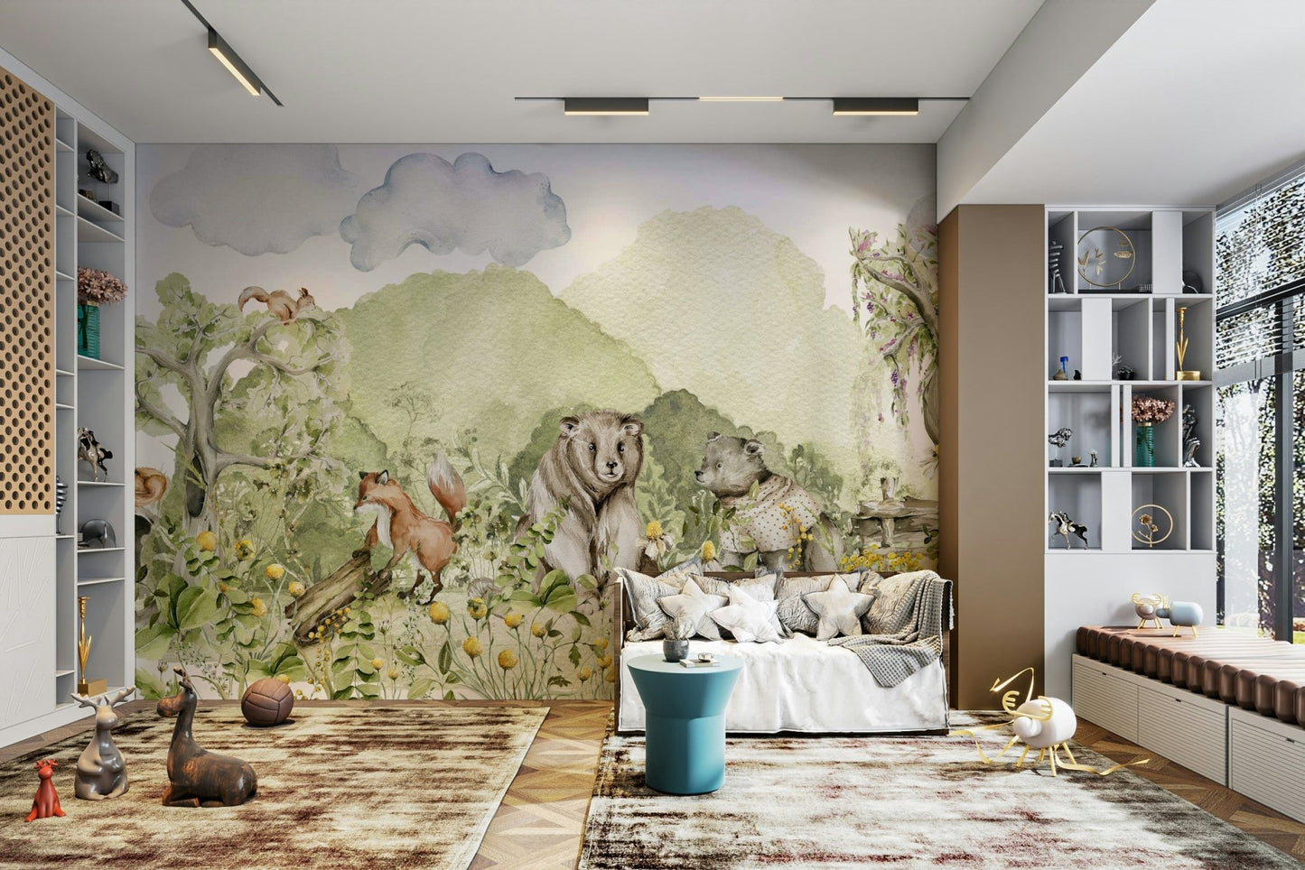 Wall mural showing a forest scene with friendly animals.

