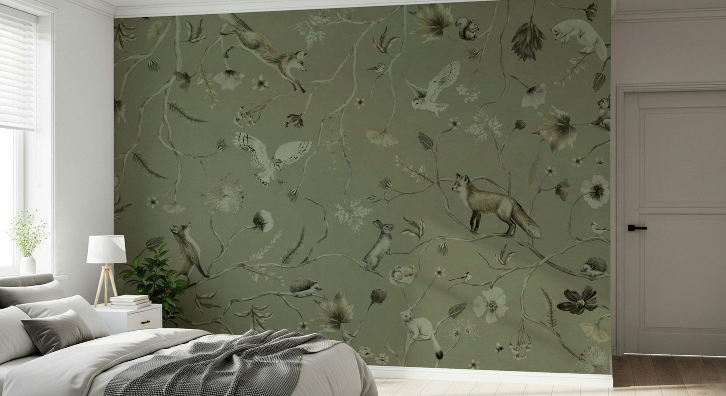 Artistic mural showcasing a quiet forest scene with dense trees