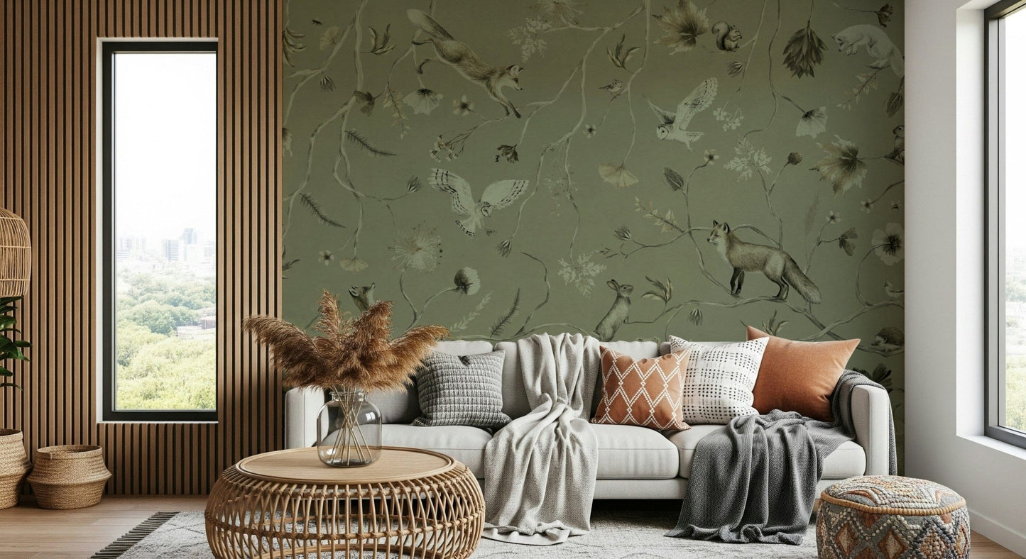Tranquil forest mural with natural foliage and calming atmosphere