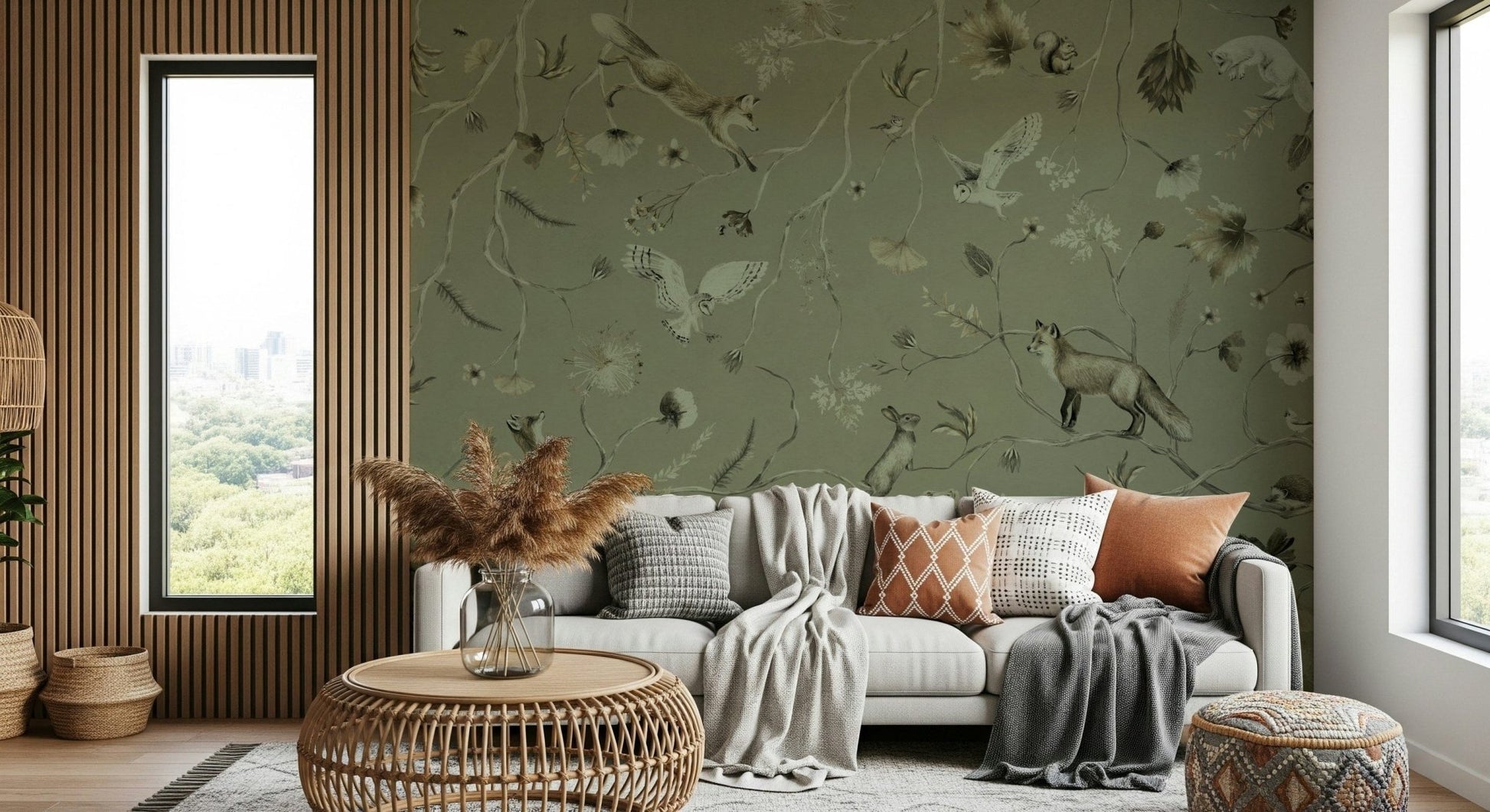 Tranquil forest mural with natural foliage and calming atmosphere