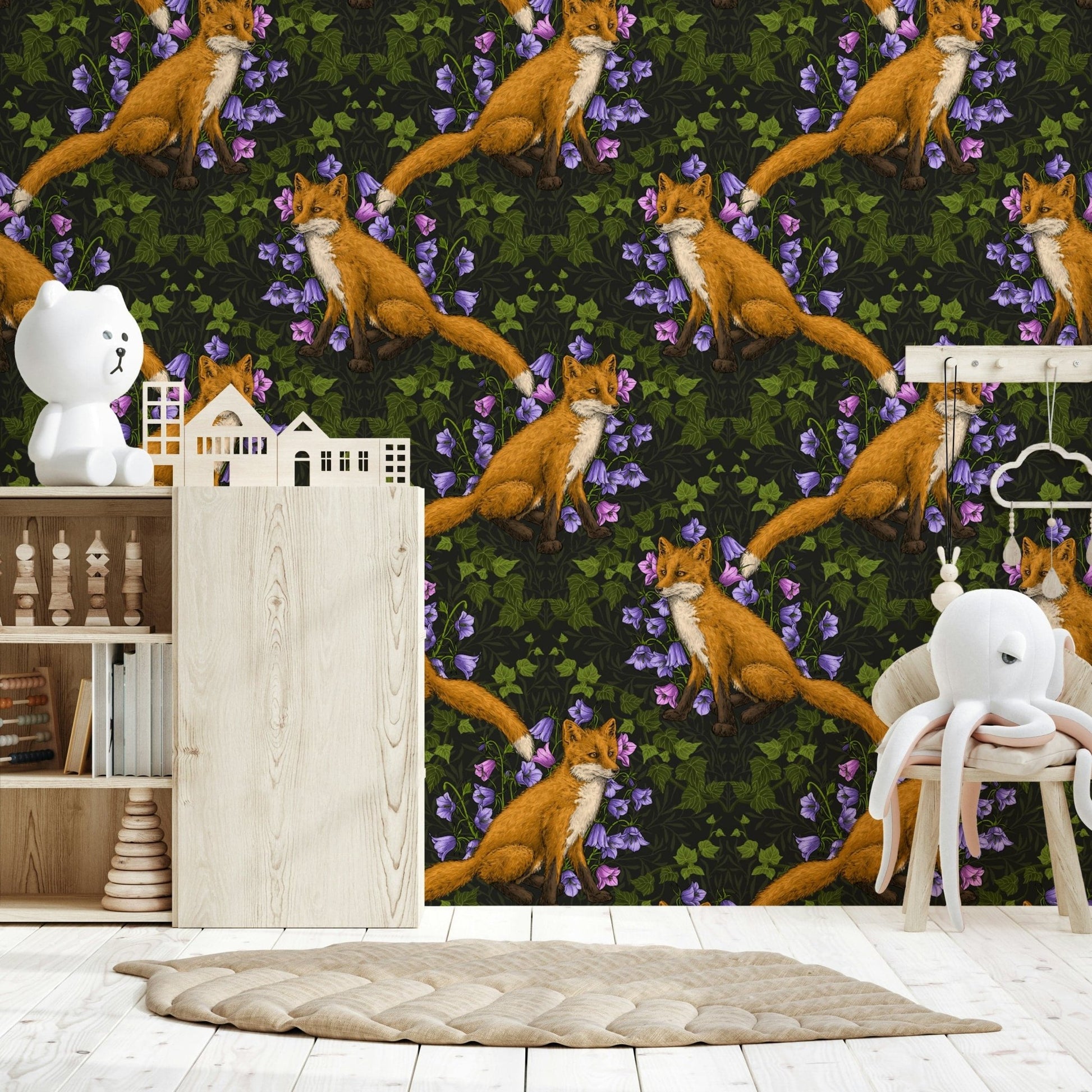 Fox in Ivy Forest Wall Mural – Elegant wall mural depicting a fox resting or exploring within ivy-covered woods.