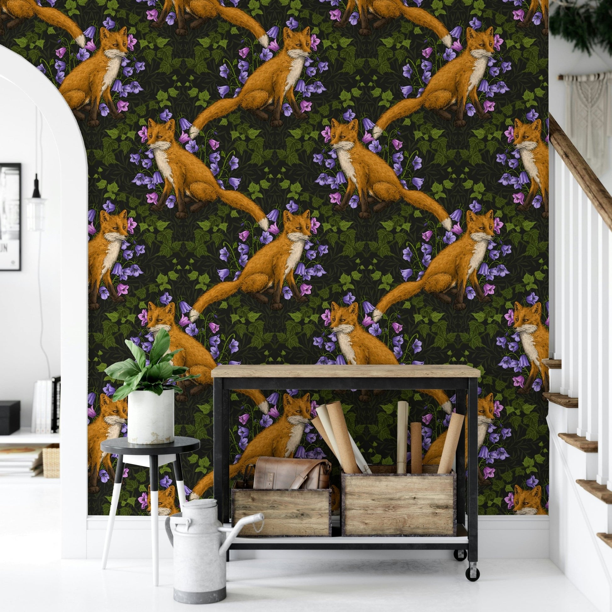 Woodland Fox Wall Mural with Ivy – Artistic mural capturing the charm of a fox in a quiet, leafy forest scene.