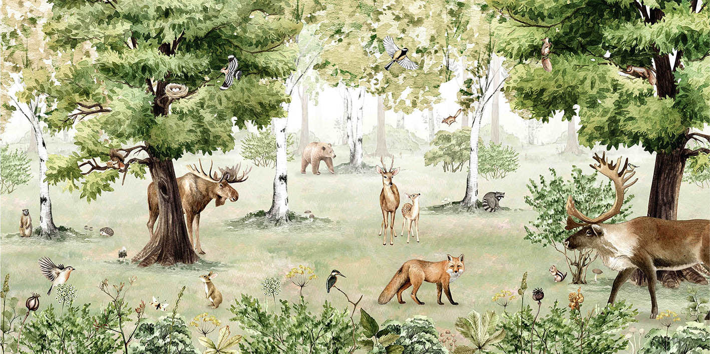Watercolor Woodland Wonders Mural Wallpaper in your room — zoomed