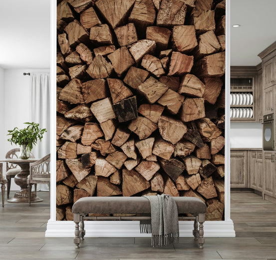 Woodpile Texture wallpaper mural of stacked firewood logs behind a beige bench in a transitional living space