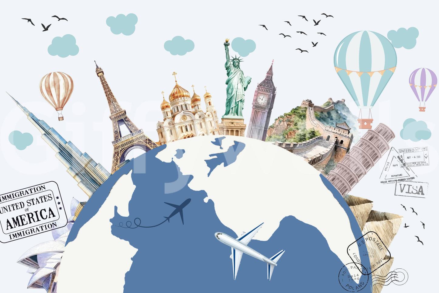 World map mural with soft beige and tan colors in a dining area.