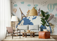 Close up of World Tour Wall Mural labels and antique style cartography.