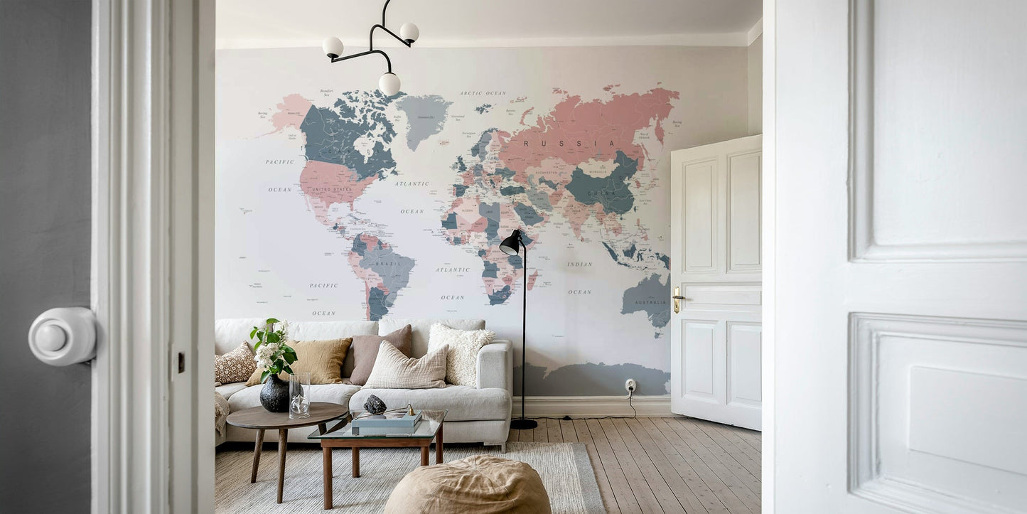 World Map Blush Pink and Indigo Wall Mural