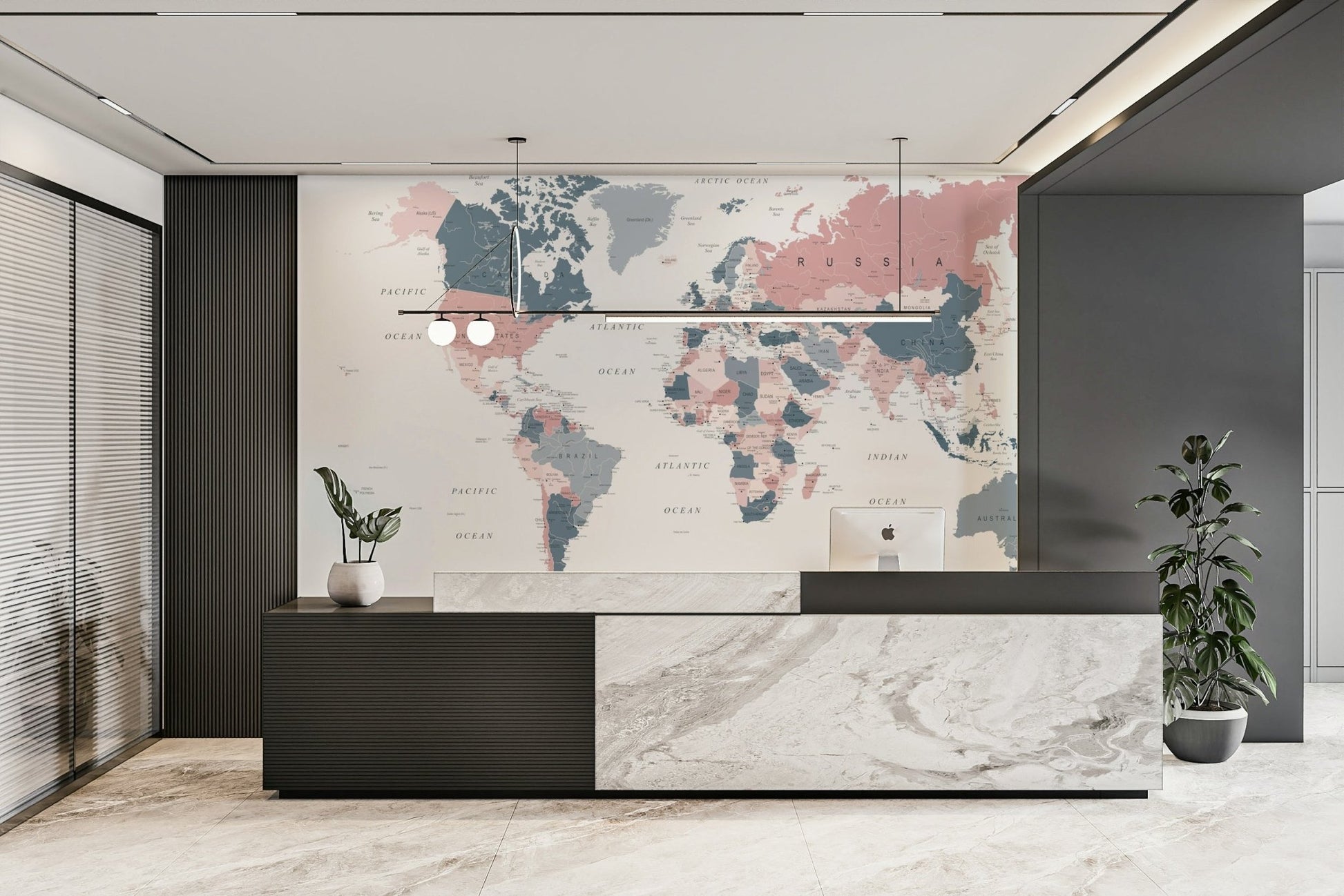 World Map Blush Pink and Indigo Wall Mural