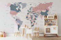 World Map Blush Pink and Indigo Wall Mural