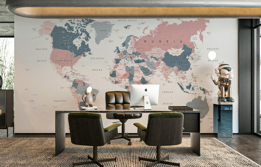 World Map Blush Pink and Indigo Wall Mural