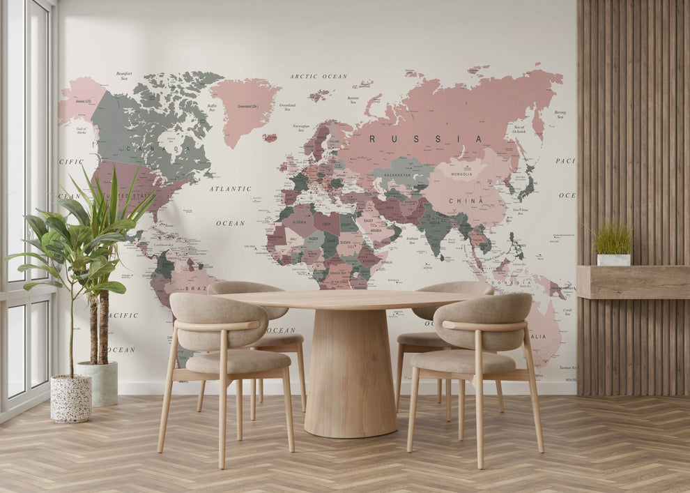 Blush Pink & Sage Green World Map Wallpaper Mural | Calming Colors