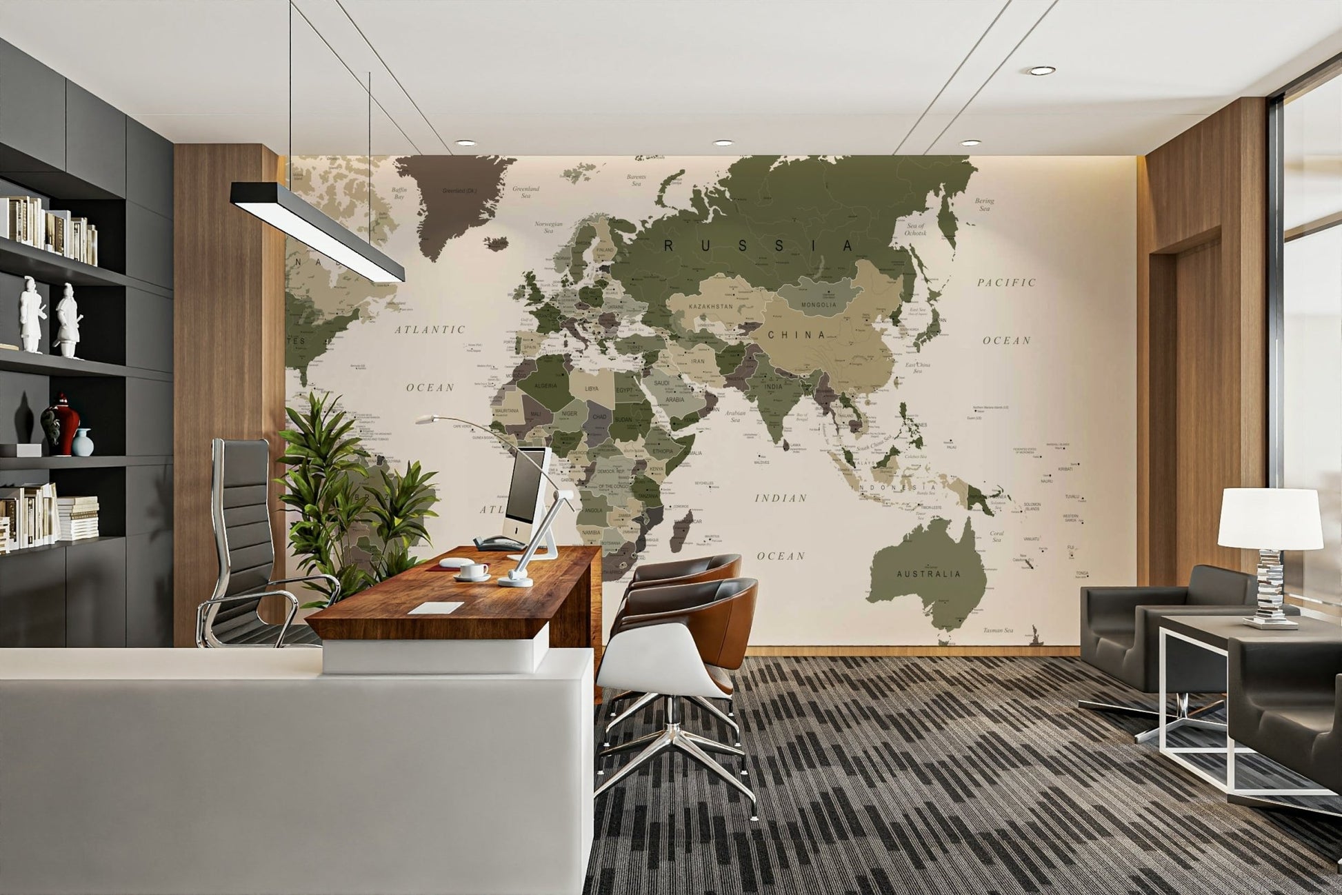 Green camouflage world map mural

