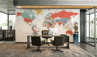 Large world map mural with intricate details


